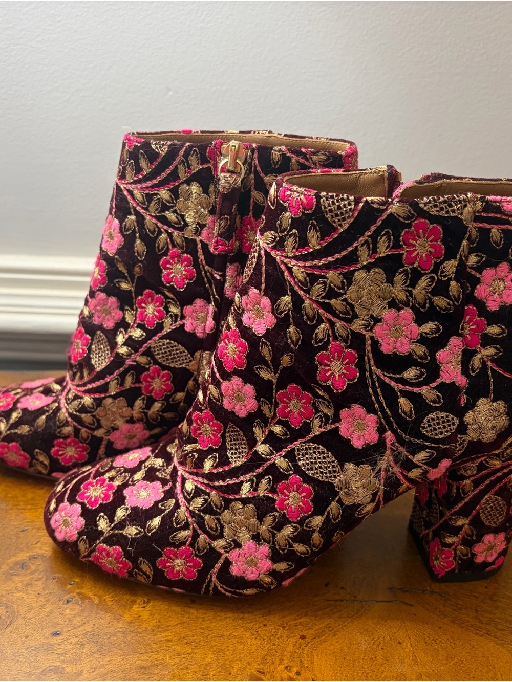 Aquazzura Floral Embroidered Velvet Ankle Boots - Pink on Burgundy - Picture 4 of 5
